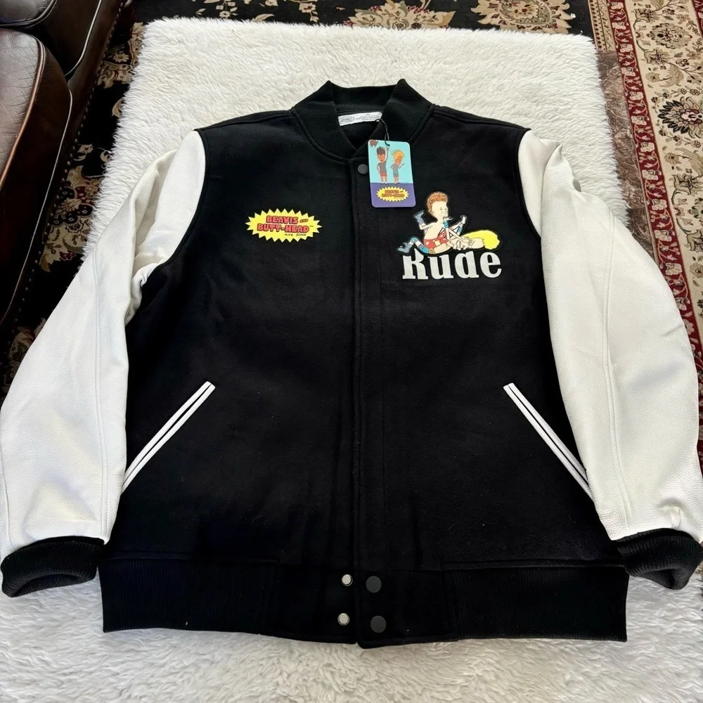 Davis & Butt Head  Black and White Leather / Fabric Bomber Jacket size XL
